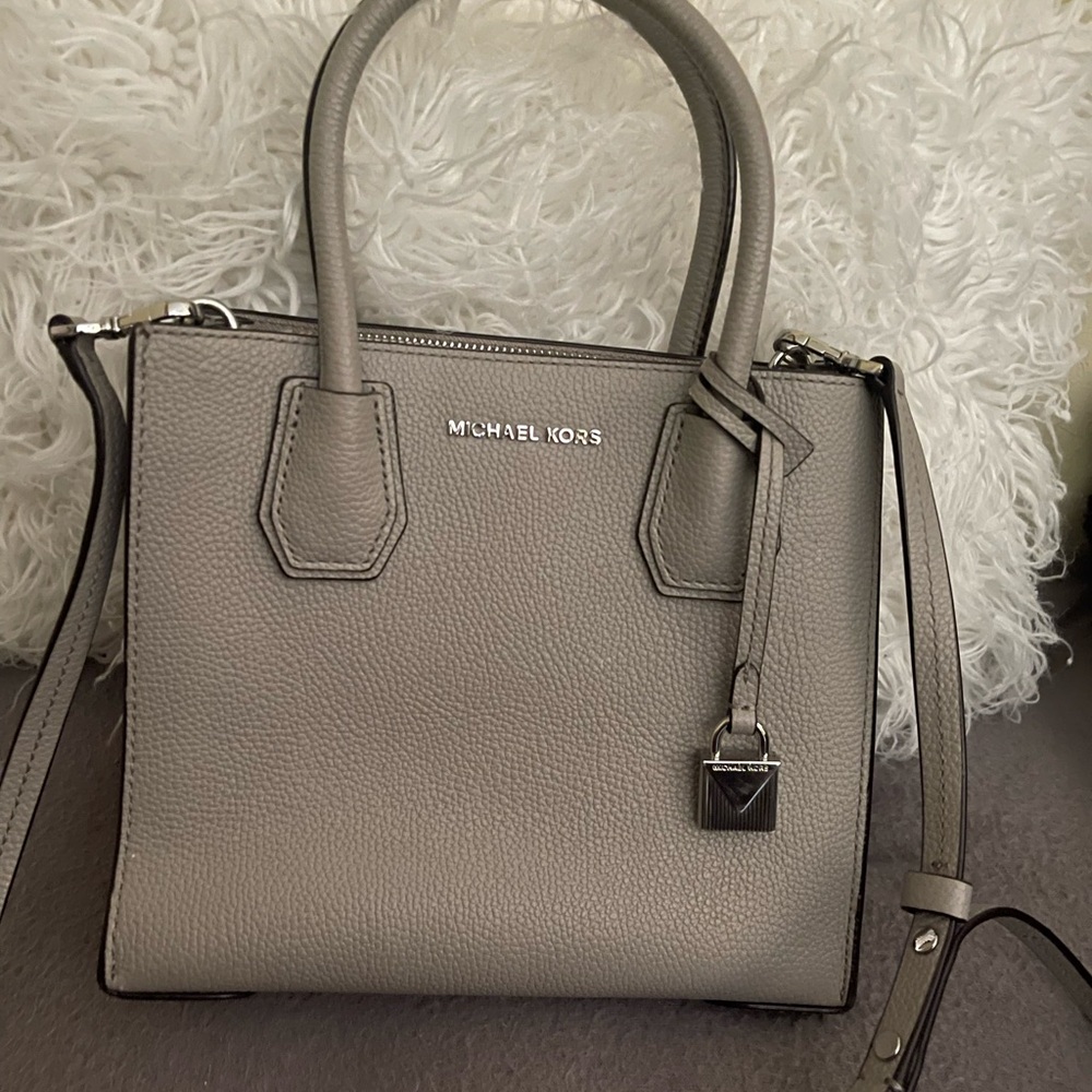 MICHAEL KORS Pebbled Gray Leather Satchel with Lock Charm